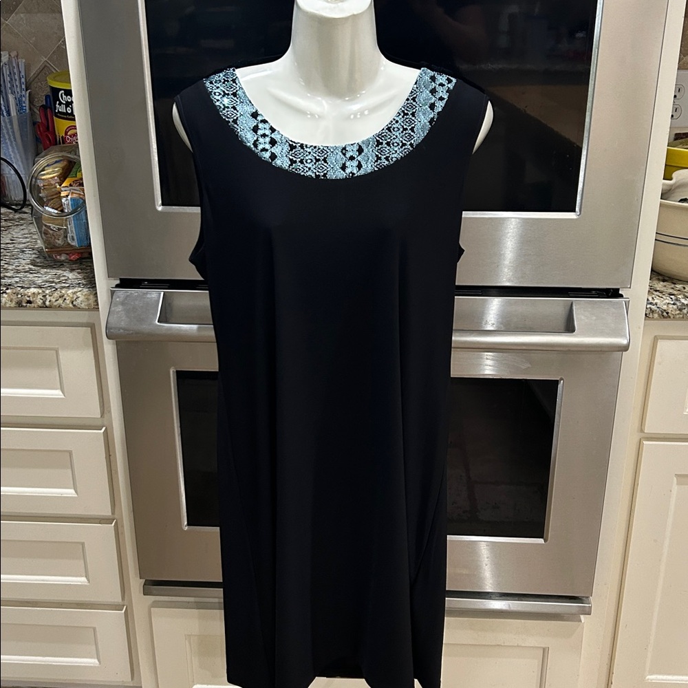 Black Sleeveless Dress with Blue Patterned Neckline